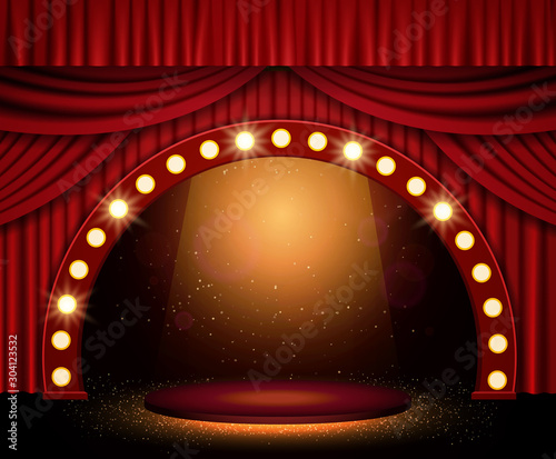 Background with red curtain and spotlights. Design for presentation, concert, show