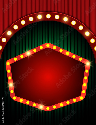 Background with retro banner on red and green curtain. Design for presentation, concert, show