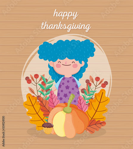 happy thanksgiving day cute girl blue hair with cake pumpkin