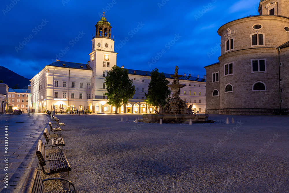 Fototapeta premium A Residenzplatz At Night, Residenzplatz a large square in the historic centre of Salzburg in Austria