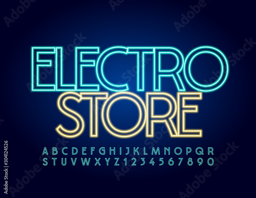 Vector colorful Sign Electro Store. Illuminated stylish Font. Bright Blue Alphabet Letters and Numbers.