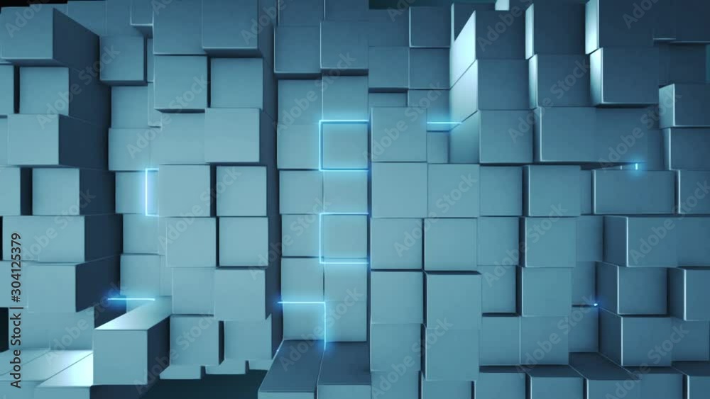 3d render abstract background. Complex digital wall with random elements. Square geometry with bright glow elements. Complex details. Loopable sequence.