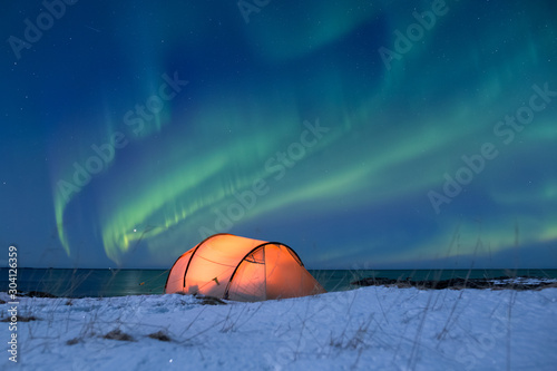Illuminated tent under a beautiful northern light display on Lofoten islands in Norway © Alexander Erdbeer