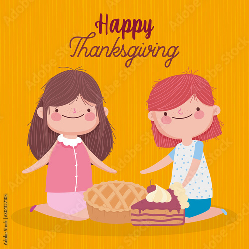 happy thanksgiving day cute girls with pie and slice cake