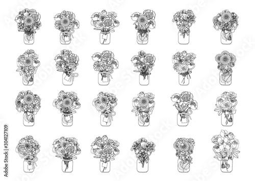 Hand drawn black and white collection of doodle style bouquets of flowers. Monochrome roses, peony, succulent, orchid, dahlia, floral design clip art. Isolated on white background. photo