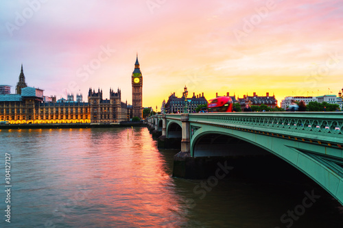 Sunset over the city of London  UK. Colorful sky behind Westminster and Big Ben