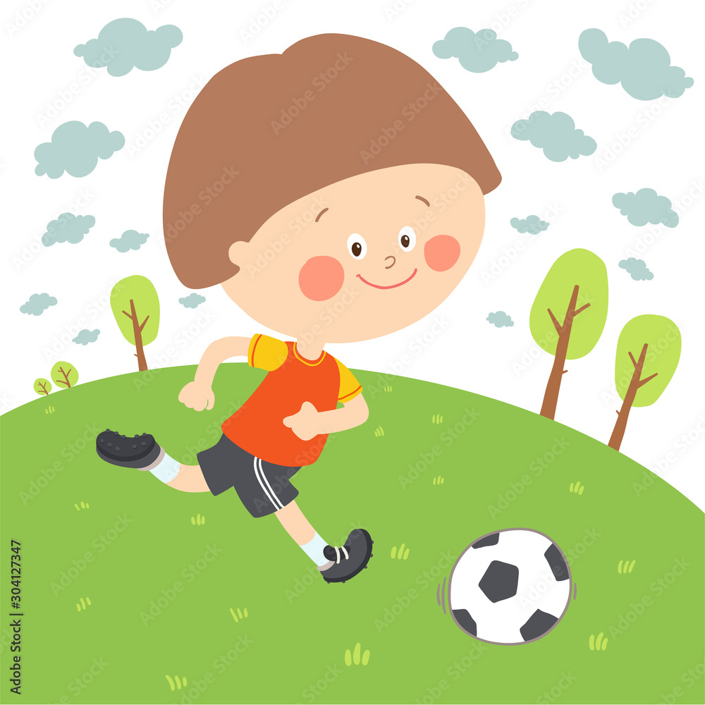 Little boy playing soccer. Child kicking football. Cute happy kid playing with a ball. Cartoon vector eps 10 illustration on white background. Little boy playing soccer. Child kicking football. Cute happy kid playing with a ball. Cartoon vector eps 10 illustration on white background.