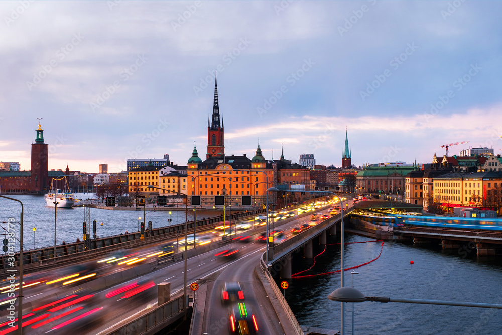 Obraz premium View of Gamla Stan in Stockholm, Sweden with landmarks like Riddarholm Church during the morning