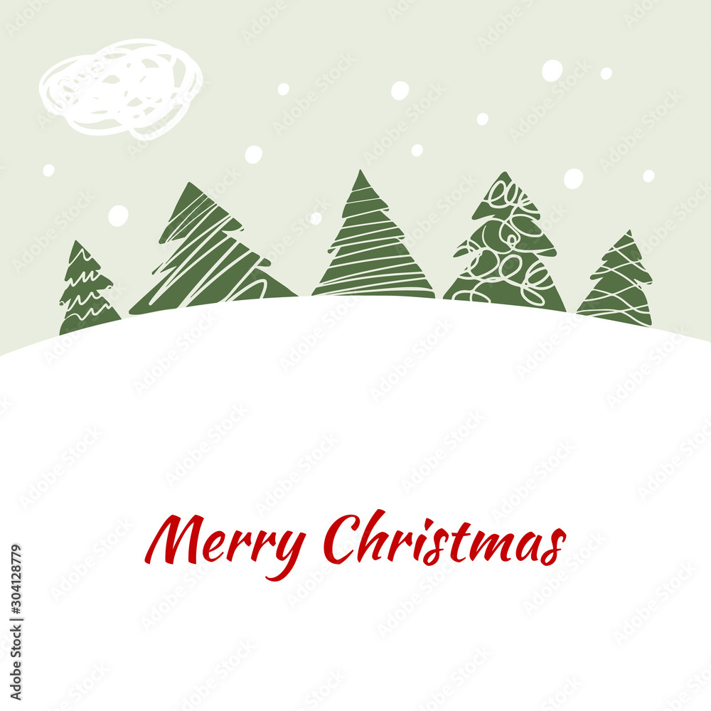 Christmas tree trees in a snowy meadow. Hand drow Vector