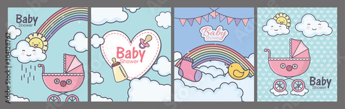 baby shower pink pram heart rainbow clouds cards