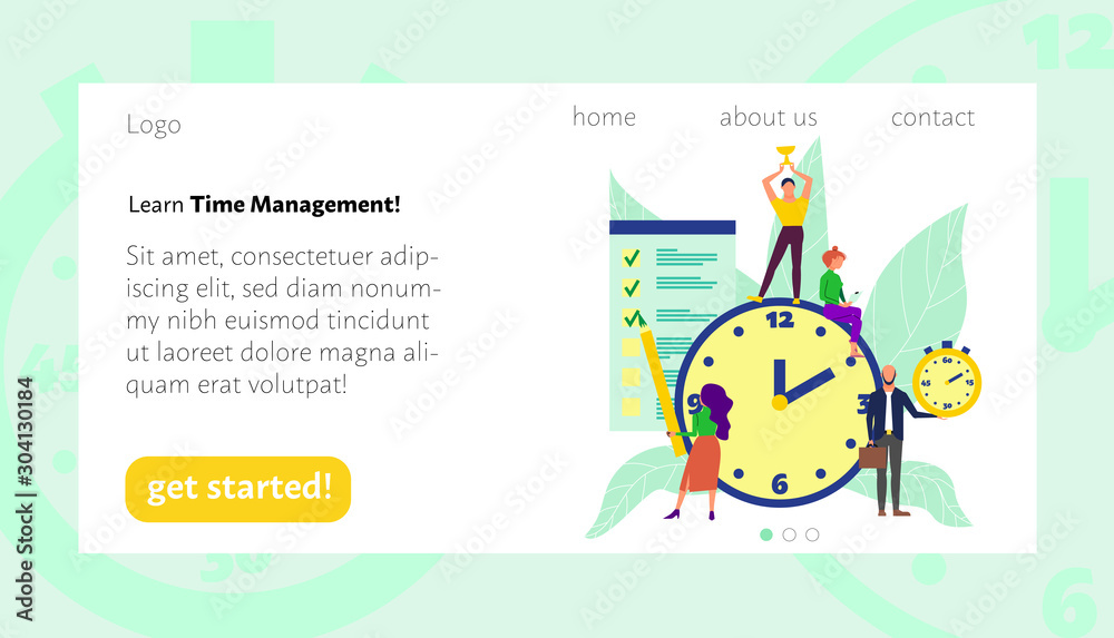 Landing page of time management learning. Flat style stock vector illustration.