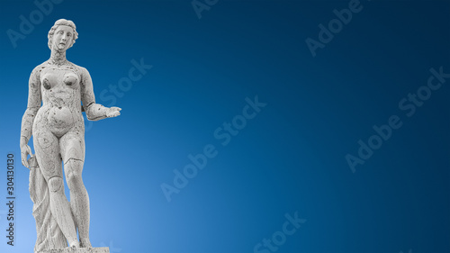 Panoramic banner with an ancient roof statue of a beautiful Renaissance Era naked woman at Old Library of Saint Marco (Marciana) in Venice isolated at blue sky background, Italy, copy space