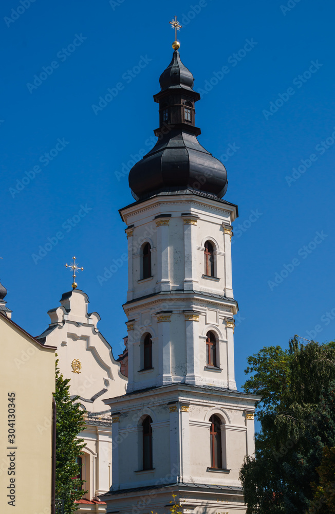 Pinsk, Belarus, August 26, 2019. Bell tower of the Assumption Cathedral of the Blessed Virgin Mary in Pinsk.