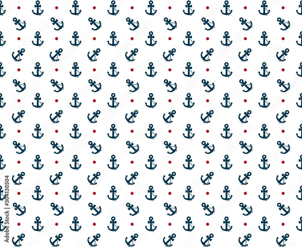 Anchor pattern with red polka dots. Nautical background seamless design.