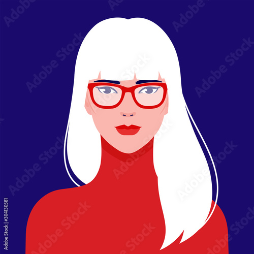 Portrait of a young beautiful, Asian fashion woman in eyeglasses, vector flat illustration. Asian cute girl avatar.