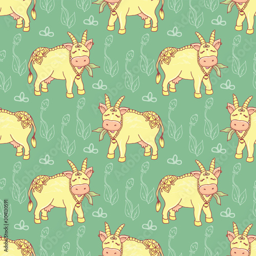 Happy indian cow chewing grass seamless pattern on green background, vector photo