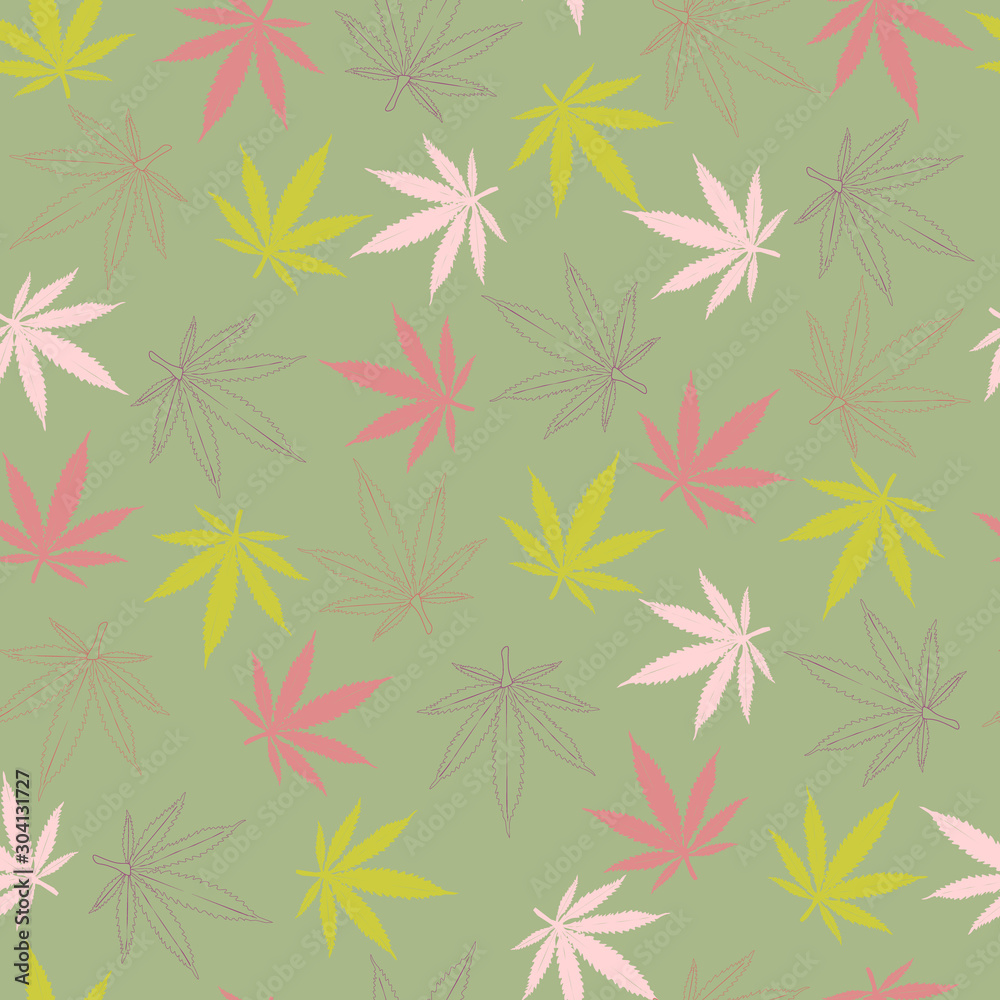 seamless pattern. painted hemp leaves of pink burgundy and light green flowers and the contours of hemp leaves of purple and red on a gray-green background seamless pattern. painted hemp leaves of pink burgundy and light green flowers and the contours of hemp leaves of purple and red on a gray-green background