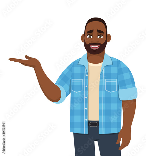 Young African American man presenting hand gesture. Stylish person pointing hand to copy space. Male character design illustration. Diverse people. Modern lifestyle concept in vector cartoon style.