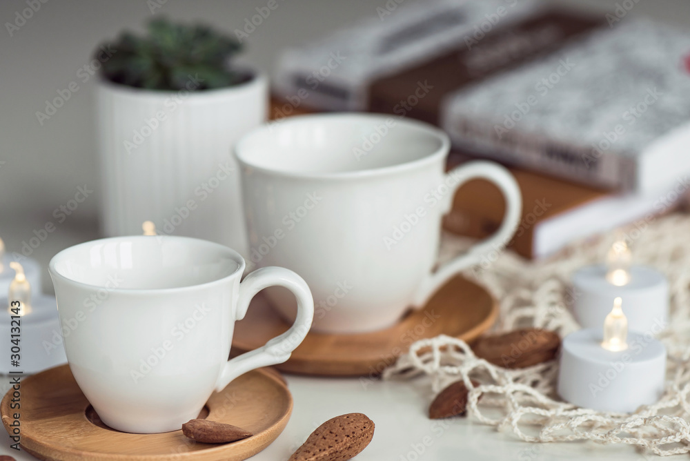 Composition with white coffee tea white cups Composition with white coffee tea white cups