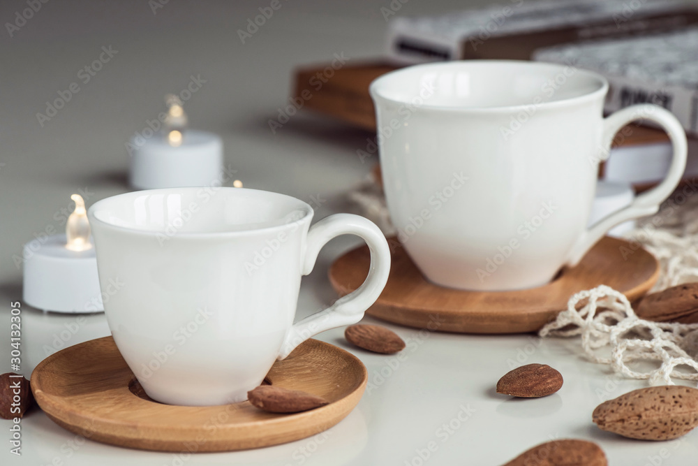 Composition with white coffee tea white cups Composition with white coffee tea white cups