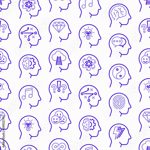 Mental health seamless pattern with thin line icons: mental growth, negative thinking, emotional reasoning, logical plan, obsession, brilliant thought, self identity. Vector illustration.