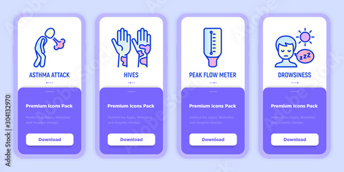 Asthma mobile user interface with copy space and thin line icons: asthma attack, hives, peak flow meter, drowsiness. Modern vector illustration for medical mobile app.