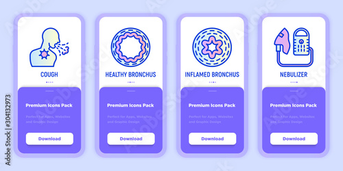 Asthma mobile user interface with copy space and thin line icons: cough, healthy bronchus, inflamed bronchus, nebulizer. Modern vector illustration for medical mobile app.