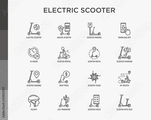 Electric scooter thin line icons set: sharing service, mobile app, QR code, parking, helmet, eco transport, pointer. Modern vector illustration.