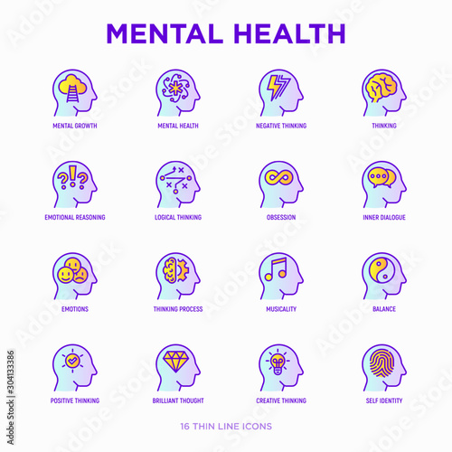 Mental health thin line icons set: mental growth, negative thinking, emotional reasoning, logical plan, obsession, inner dialogue, balance, brilliant thought, self identity. Modern vector illustration