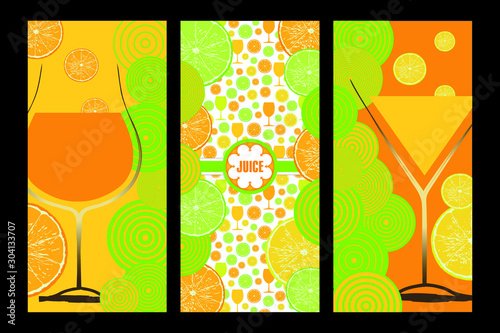 Illustration vectorielle en trois partie sur le thème des jus de fruits orange et citron.