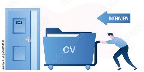 Open door in interview cabinet room. Man candidate push cart with cv resume for an interview.