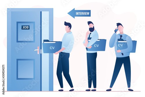 Businessman or clerk men with cv resume waiting. Interview queue, hiring agency and job seekers. Businesspeople characters