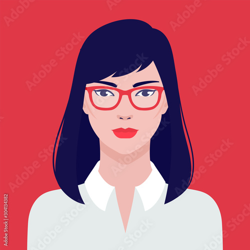 Portrait of a beautiful Asian student girl in eyeglasses, vector flat illustration. Asian young successful woman avatar.