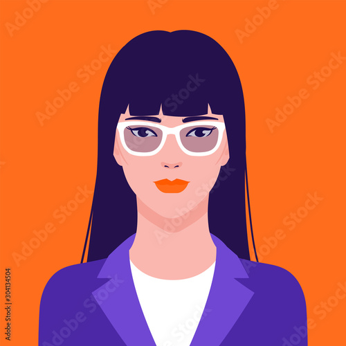 Portrait of a beautiful Asian businesswoman in eyeglasses, vector flat illustration. Asian young successful woman avatar.