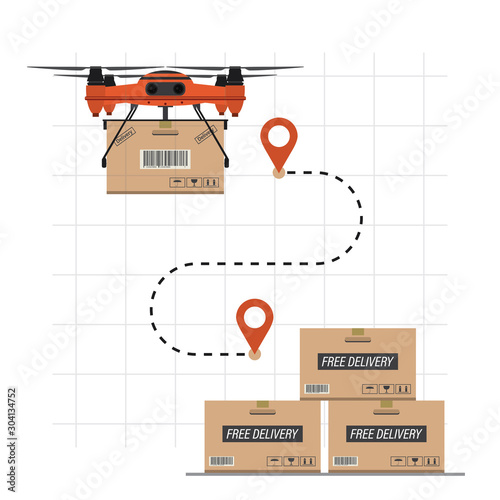 Drone delivery concept. Cartoon Quadcopter with cargo and route on the map