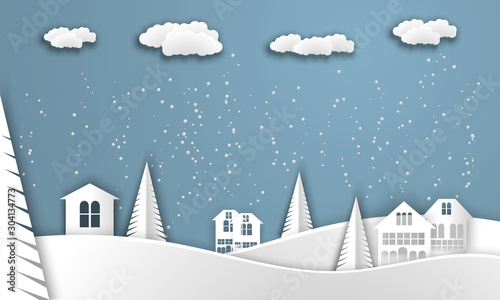 View of the houses and ate in winter. Art paper and craft. Vector image
