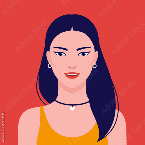 Portrait of a young beautiful, stylish Asian woman, vector flat illustration. Asian cute girl avatar.