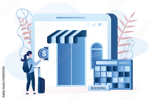 Hotel or apartments online booking. Female character with baggage pays and book hotel room.