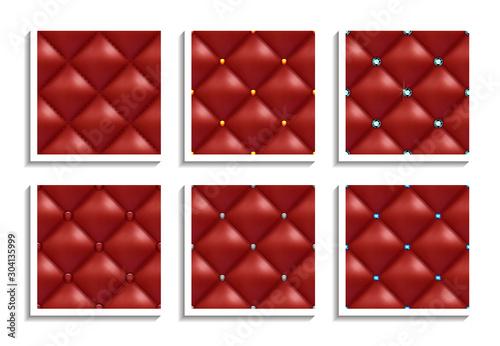 Seamless vector patterns of red leather upholstery with gold, silver, diamond buttons. Luxury textures of vintage furniture