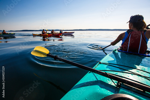 A a group of tandem kayaker enjoy the still waters of Indian Cove off Shaw Islands during a 3-day group sea kayaking trip in the San Juan Islands of northwest Washington state.