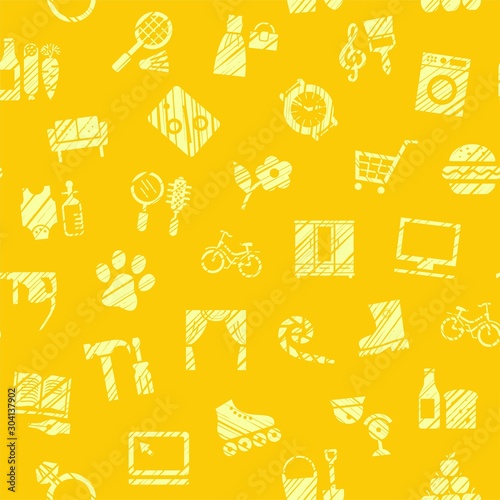 Shops, seamless pattern, color, hatching, yellow, vector. Different product categories. Imitation of pencil hatching. 