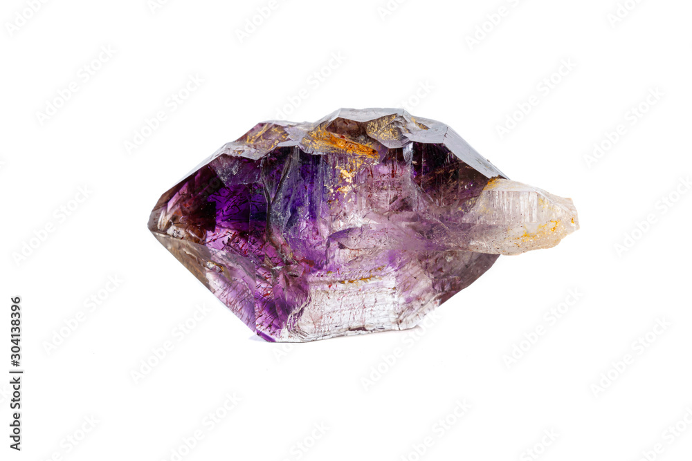 macro mineral stone Amethyst on smoky quartz on a white background macro mineral stone Amethyst on smoky quartz on a white background