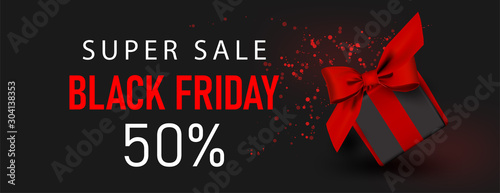 Horizontal black friday super sale with gift box with red bow.Dark background banner, poster, header website. vector illustration.Card promotion design.