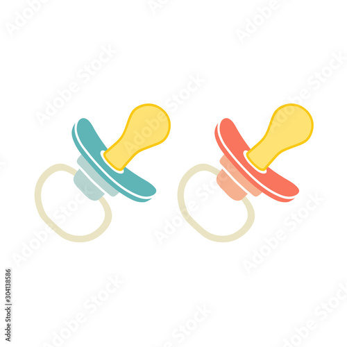 Baby pacifier icon in flat style. Infant dummy icon. Kids First Toys. Baby shower design element. Cartoon vector hand drawn eps 10 illustration isolated on white background.