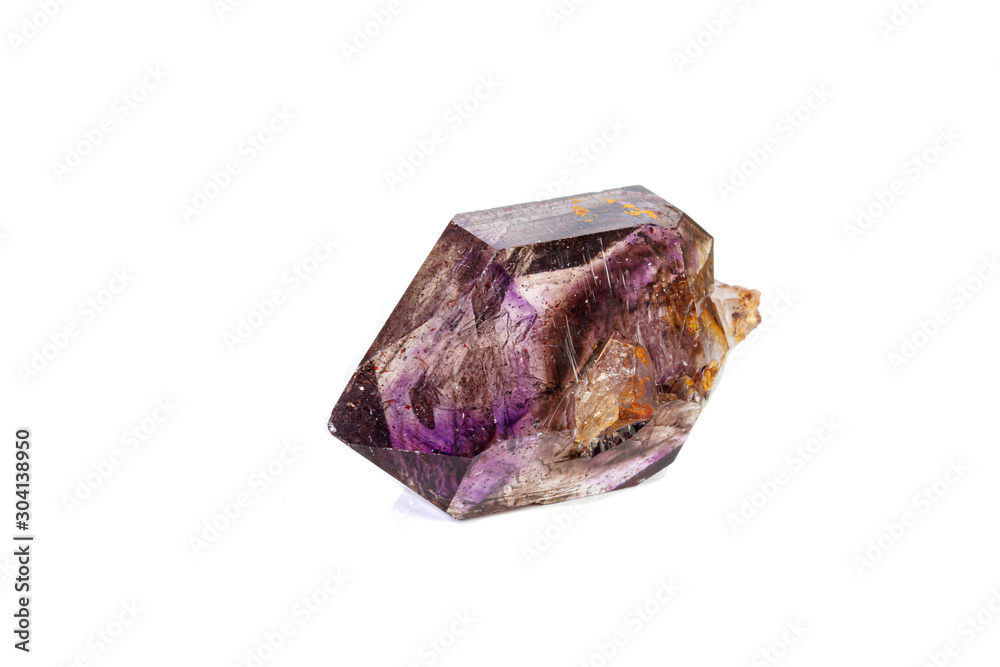 macro mineral stone Amethyst on smoky quartz on a white background macro mineral stone Amethyst on smoky quartz on a white background