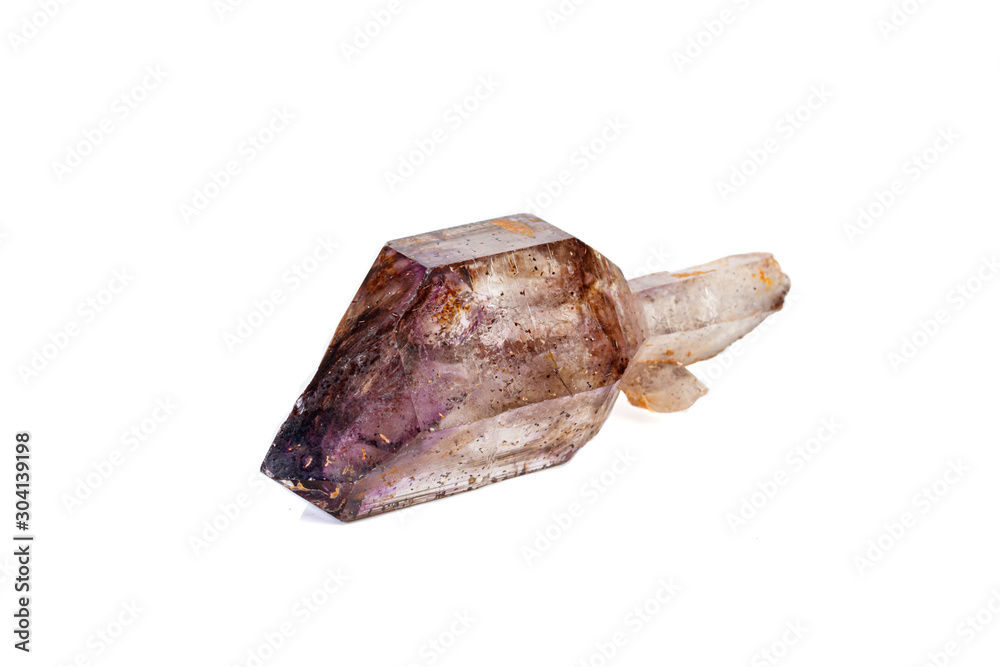 macro mineral stone Amethyst on smoky quartz on a white background macro mineral stone Amethyst on smoky quartz on a white background
