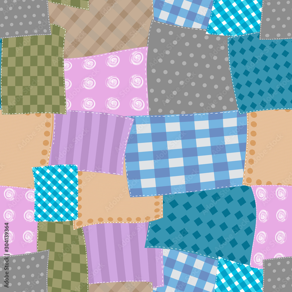 Seamless pattern of multi-colored shreds of fabric sewn by thread