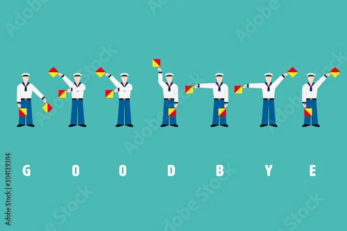 Obraz na plátně Word goodbye shown by sailors with flag semaphore system vector illustration