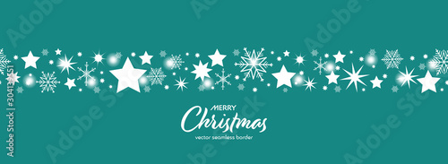 Christmas time. Christmas snowflakes elements ornaments seamless banner greeting card on blue background. Text: Merry Christmas