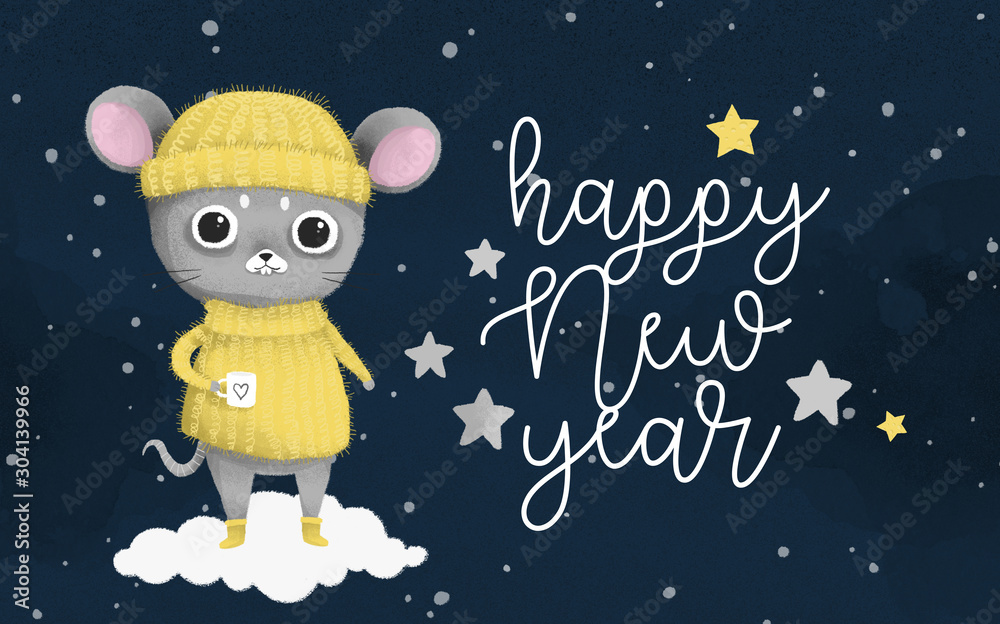 cute gray mouse, in a yellow sweater and cap, Happy New Year, 2020